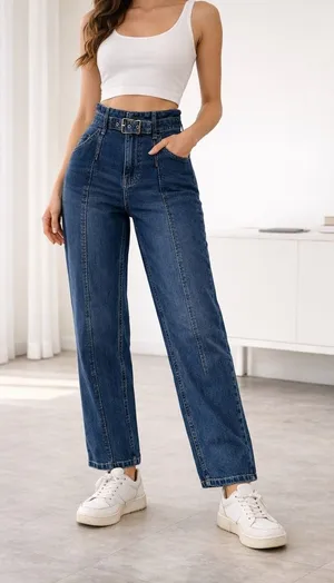 We The Free Jeans Womens 29 Blue Belted High Rise Straight‎ Leg Seamed Denim thumbnail 1