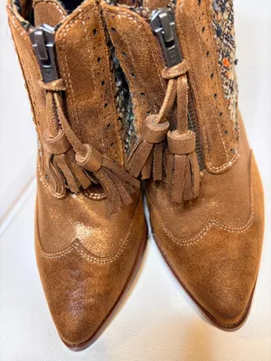 Irregular Choice Brown Suede Tassel Ankle Booties with Tweed Panels thumbnail 6