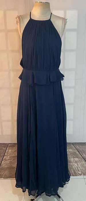 ASOS Navy Chiffon Ruffle Waist Halter Sleeveless Lined Maxi Dress Size 10 thumbnail 1