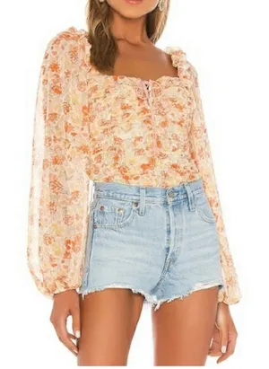 Free people Mable floral top‎ peach Sz S balloon sleeve thumbnail 1