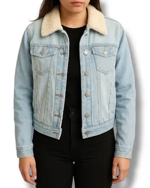 Ashley Vintage Charm Light Wash Sherpa Collar Denim Trucker Jacket Women’s‎ XL thumbnail 1