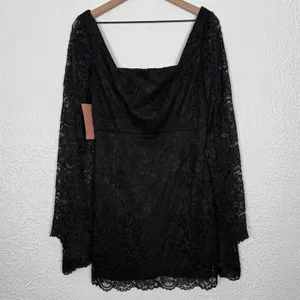 BHLDN Belle Long Sleeve Square Neck Lace Mini Dress Black Medium NWT thumbnail 3