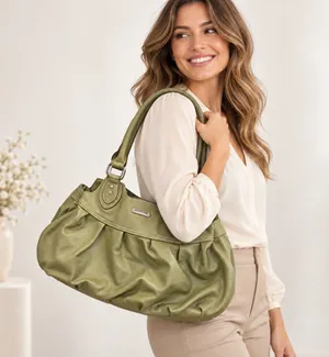 Emilie M Olive Green Ruched Satchel Shoulder Bag thumbnail 1