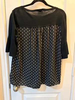 LOFT Black Mixed Media Tunic Top Large Bell Sleeve Printed Flowy Blouse thumbnail 2