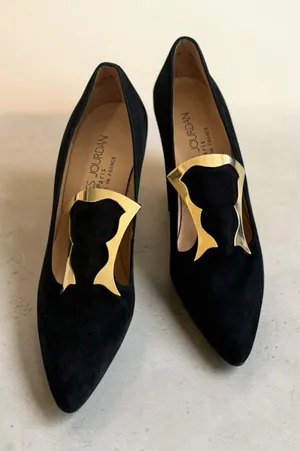 CHARLES JOURDAN Vintage Black Gold Suede Heels Size 6.5 NEW NWOB thumbnail 1