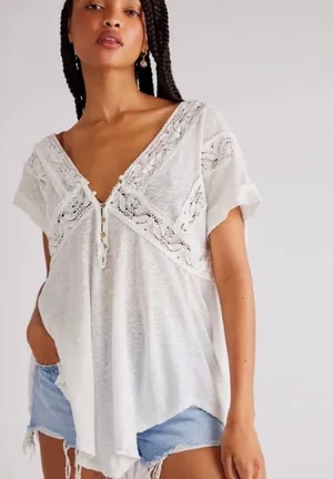 Free People nwt bohemian crochet oversize white cotton Linen top blouse tunic thumbnail 5