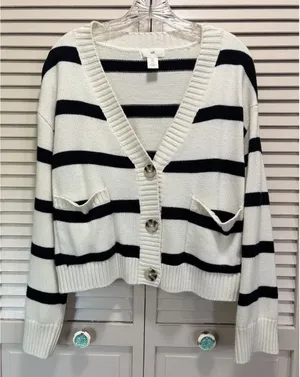 H&M Button Up Striped Oversized Knit Cardigan Size M Long‎ Sleeve Blk/Cream thumbnail 1