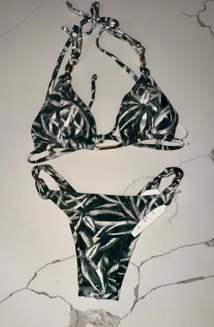 Dark Geeen & White Leaf Print Triangle Bikini Set NWT Green thumbnail 1