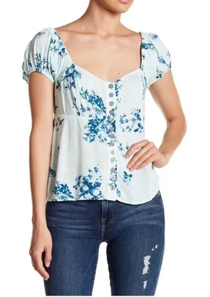 Free People Blue Floral Peasant Top XS Cottagecore Boho Puff Sleeve Babydoll thumbnail 1