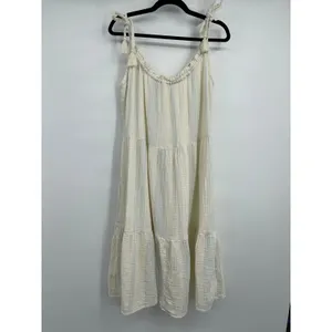 Time and Tru Womens Ivory Stripes Tiered Midi Dress Tie Tassel Strap NEW Large thumbnail 3