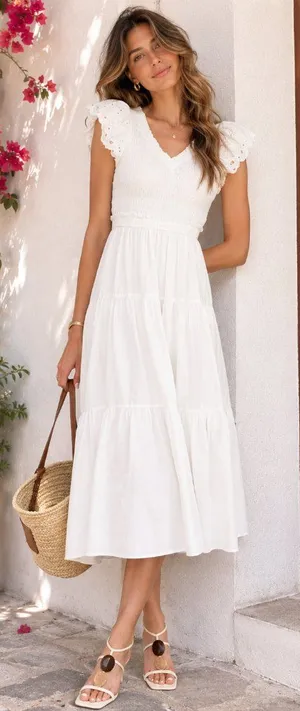 En Saison Alana Cotton Smocked Midi Dress in White Size Medium NWT thumbnail 1