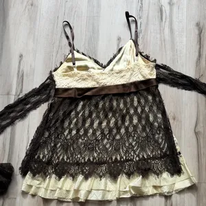 PAIGE Brown Lace Tank Top with Cream Accents thumbnail 5