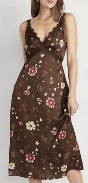 Old Navy Women’sLace-Trimmed Satin Cami Slip Dress M Brown Floral Midi Babydoll thumbnail 1