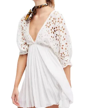 Free People One Dress Bella Note Eyelet Flower Babydoll Whimsical Boho White thumbnail 1