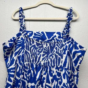 H&M Babydoll Midi Dress Womens XL Smocked Beachy Coastal Nautical Travel Island thumbnail 7