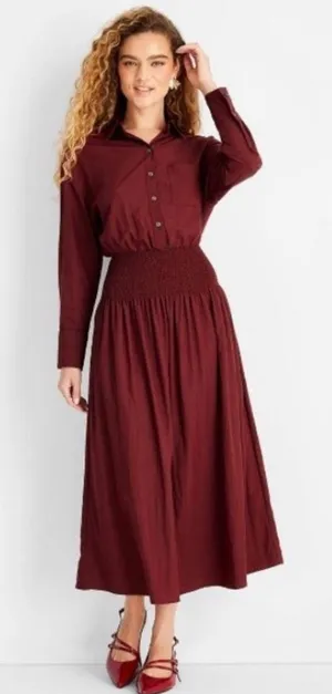 Women's Collared Long Sleeve Smocked Midi Shirtdress - Future Collective thumbnail 1