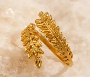 Vintage Leaf Design Adjustable Gold Plated Zinc Alloy Open End Leaf Ring thumbnail 4