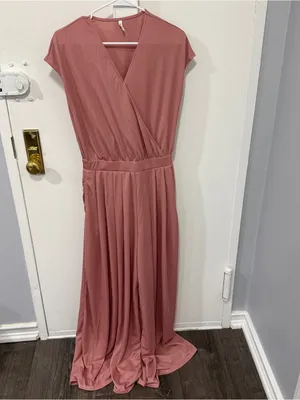 NWOT Halara Light Pink V Neck Short Sleeve Wide Leg Flowy Waffle Casual Jumpsuit thumbnail 6