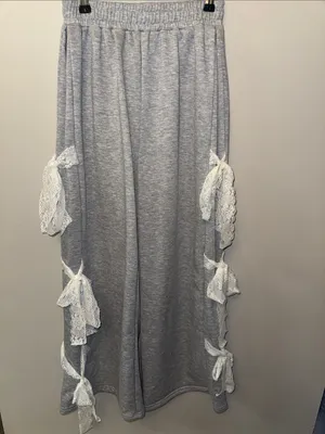 Gray Lounge Pants with Lace Bow Side Detail thumbnail 2