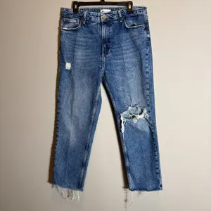Zara TRF High Rise Distressed Straight Leg Denim Jeans Women's 14 Blue Raw Hem thumbnail 5