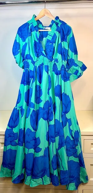 Umgee Blue & Aqua Floral Maxi Dress sz small thumbnail 1