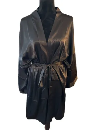 ADORE ME Women's Kimono Belted Robe Black 0/XS Silky Nightwear Stretch NEW thumbnail 1