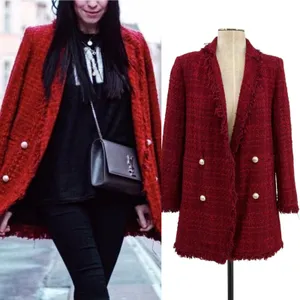 Zara Tweed Blazer Jacket‎ Coat Gold Buttons Frayed Hem Red Size Small thumbnail 2
