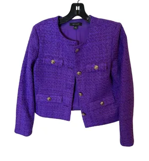 Ann Taylor Purple Tweed Cropped Jacket Gold Crest Button Front Petite 4P thumbnail 1