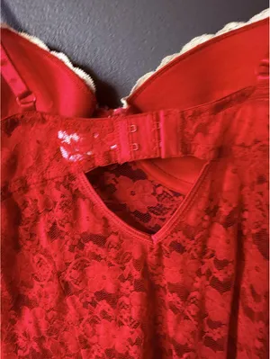 Red Lace Lingerie Dress with White Trim and Adjustable Straps thumbnail 9