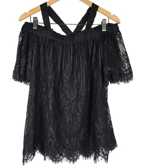 Chelsea 28 Black Lace Off Shoulder Crisscross Neck Ruffle Blouse‎ Top S thumbnail 1