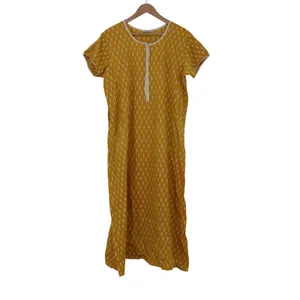 Shafali Mustard Yellow Ikat Print Maxi Dress XL Short Sleeve Zipper Front Kaftan thumbnail 2