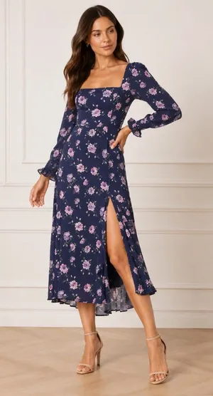 Sau Lee - Marianne‎ Floral Puff Sleeve Midi Dress. thumbnail 1