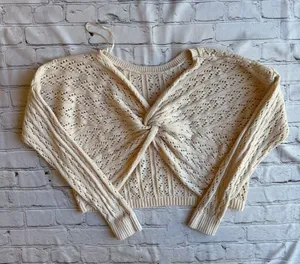 Hollister Open Knit Top Shrug Sweater Neutral Womens Twist Front Crop thumbnail 1