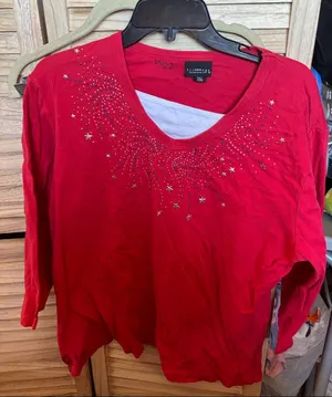 Trillogy Red Long Sleeve Scoop Neck Top with Star and Rhinestone Detail XL thumbnail 1