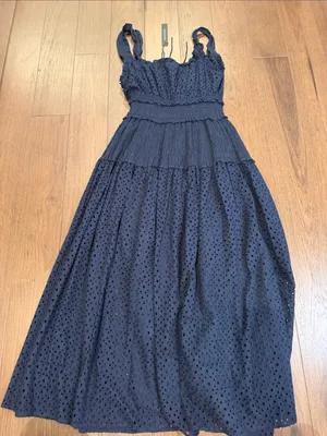 Elie Tahari Eyelet Smocked Midi Dress Navy Medium NWT thumbnail 9