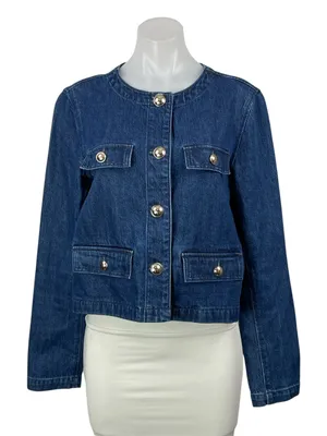 Ann Taylor Blue Long Sleeves Patch Pocket Cropped Denim Jean Coat Jacket Size S thumbnail 1