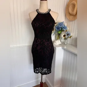 Sequin Hearts Black & Mauve Open Back Lace Dress thumbnail 9