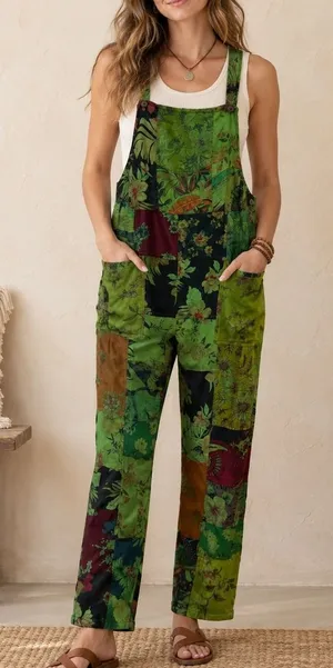 Dungarees L/XL Overalls Green Floral Patchwork Viscose Boho Hippie Stretch Artsy thumbnail 1