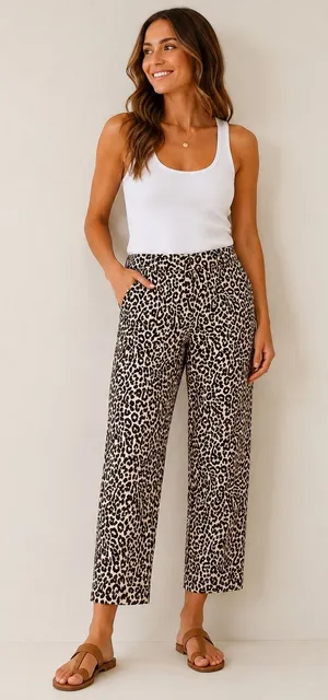 J.Crew Cafe Capri Pants Womens 10 Brown Leopard Print 100% Linen Tapered Cuffed‎ thumbnail 1