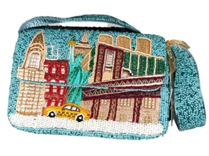 Viral TJMaxx NYC Beaded Shoulder Bag Statue Liberty Taxi Skyline Turquoise NWT thumbnail 1