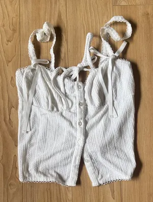 For Love & Lemons White Ribbed Lace-Trim Button Cami thumbnail 1
