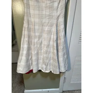 Women's Midi A-Line Dress White Beige Plaid Red Lined Split Neck Cap Sleeve Zip thumbnail 3