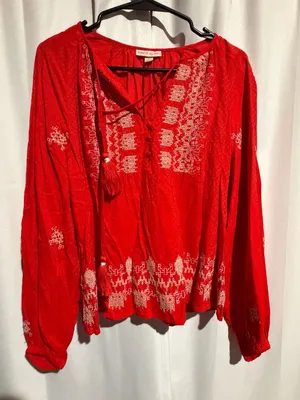 Knox Rose Red Embroidered Long Sleeve Boho Blouse with Tassels thumbnail 1
