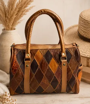 VTG Genuine Leather Patchwork Satchel Brown Multi-Tone Zip Top Western Purse thumbnail 1