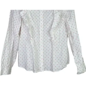 J.Crew Cotton Poplin Ruffle Heart Print Button Down LongSleeve Shirt M White Red thumbnail 3