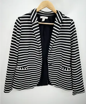 Chico's Womens Striped Blazer Size M Black White Single Breasted Career‎ HG9 thumbnail 1