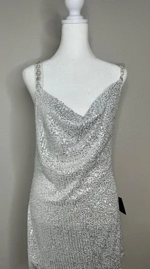 Silver Sequin Cowl Neck Mini Dress Sz M thumbnail 11
