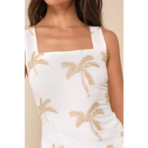NEW Lulus Flawlessly Breezy Ivory Tan Palm Tree Embroidered Cotton Mini Dress XS thumbnail 4