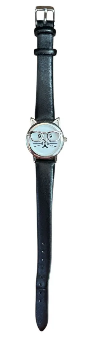 Charming Charlie‎ Wristwatch Cat Face with Geek Glasses Black Band Watch Womens thumbnail 1