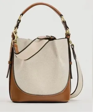 Zara NWT cream & brown Canvas & Leather Shoulder bucket Bag thumbnail 1